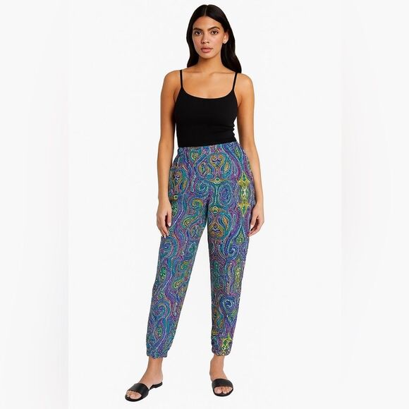 Cynthia Rowley Paisley Print Shirred Pocket Elastic Waist Jogger Pants Sz Large - Picture 2 of 7